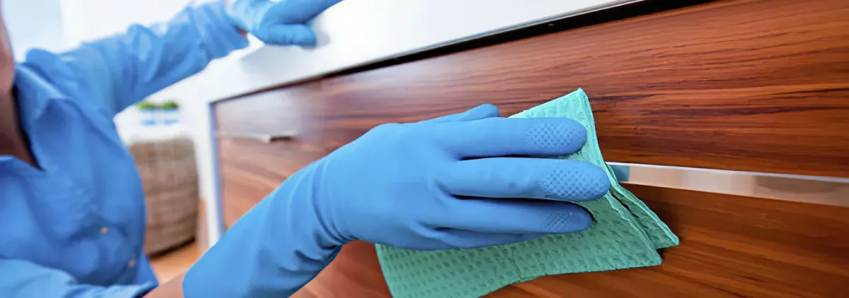 Cleaner wearing blue gloves wiping a wooden cabinet drawer with a microfiber cloth for dust and grime removal, Bakersfield, CA.